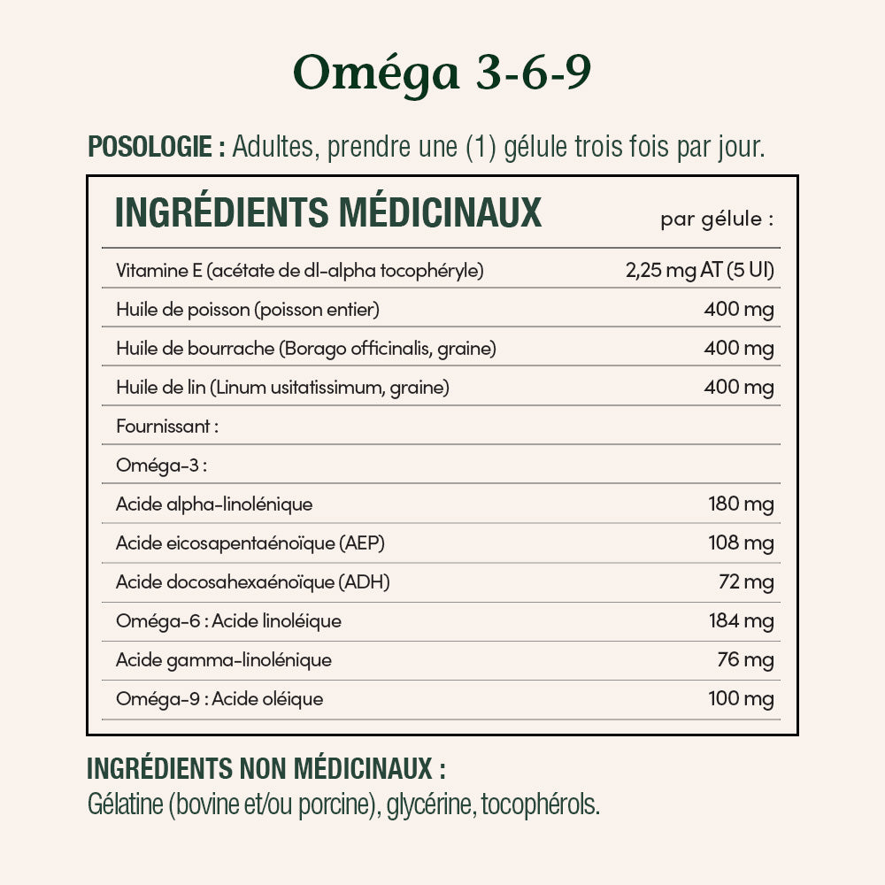 Oméga 3-6-9, 1 200 mg Poisson, lin, bourrache||FR