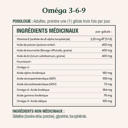 Oméga 3-6-9, 1 200 mg Poisson, lin, bourrache||FR
