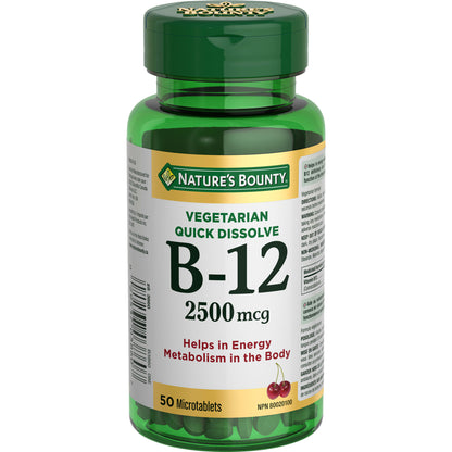 NATURE'S BOUNTY Vitamin B12 Supplement, Helps In Energy Metabolism In The Body, 2500Mcg, 50 Microtablets, 50 Count