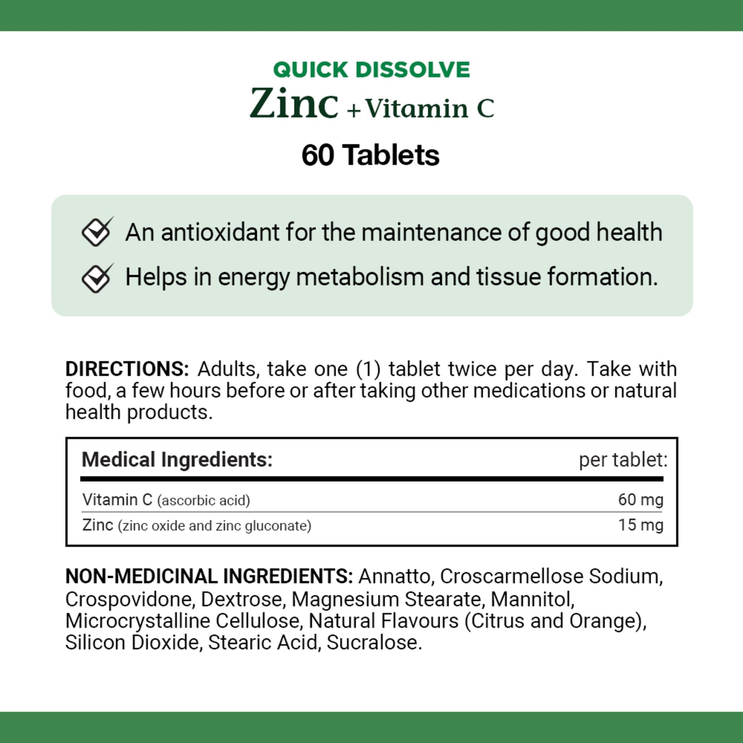 NATURE'S BOUNTY Vitamin C + Zinc, 60 Quick Dissolve Tablets, 60 Count