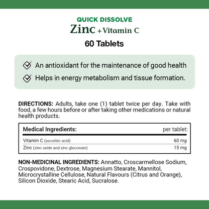 NATURE'S BOUNTY Vitamin C + Zinc, 60 Quick Dissolve Tablets, 60 Count