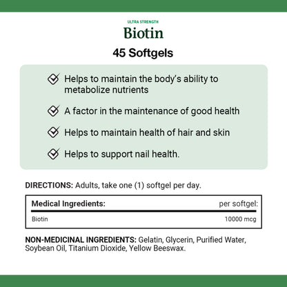 Biotin, Ultra Strength, 10,000 mcg, Softgels