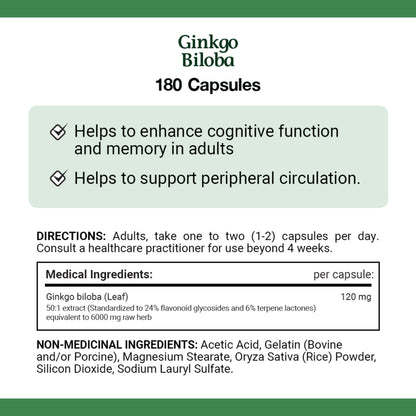Gingko Biloba, 120 mg, Value Size, 180 Capsules