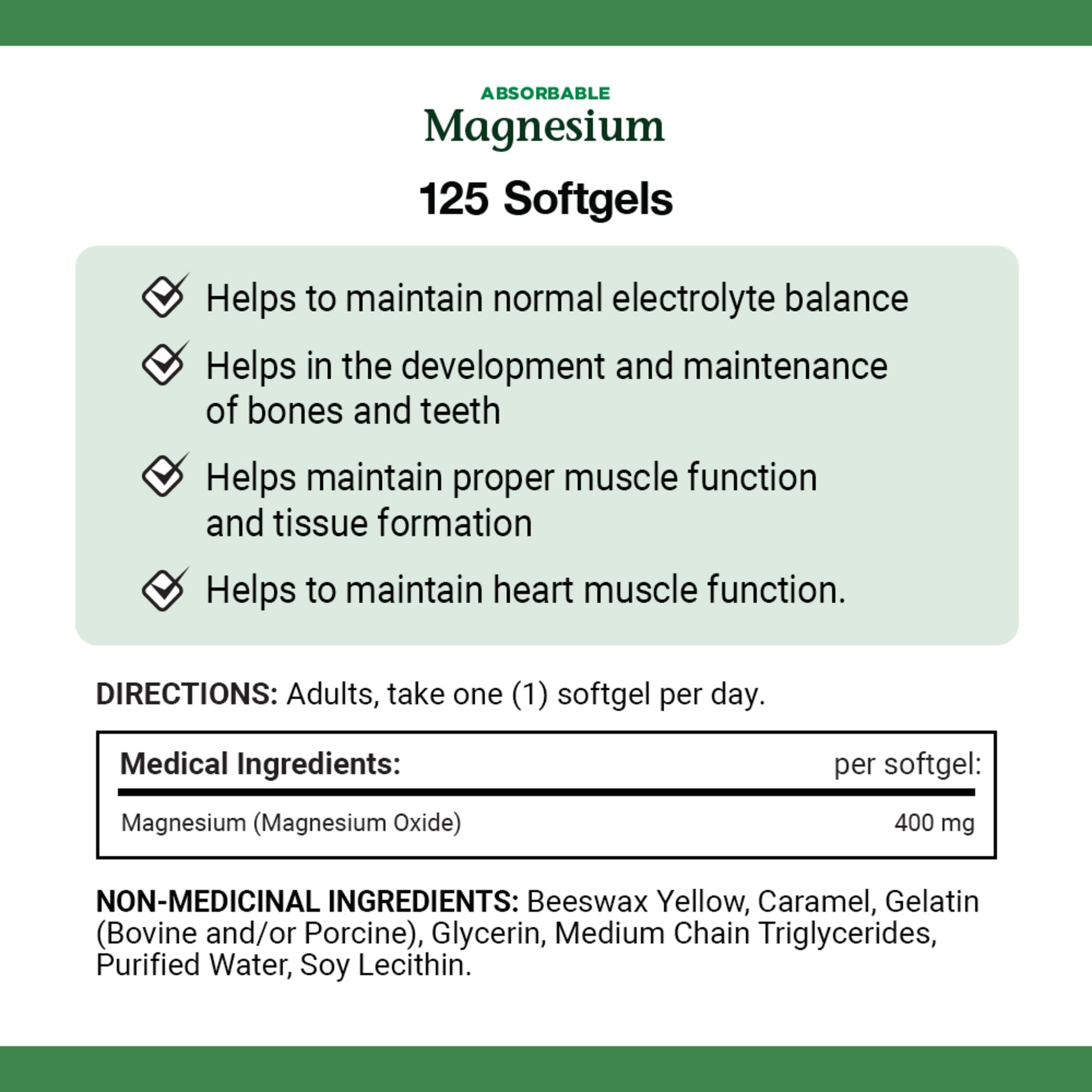 Magnesium, Absorbable, 400 mg, 125 Softgels