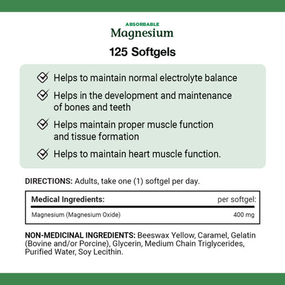 Magnesium, Absorbable, 400 mg, 125 Softgels